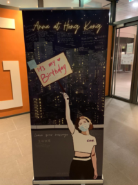 A banner with congratulatory messages from friends, for Anna's birthday